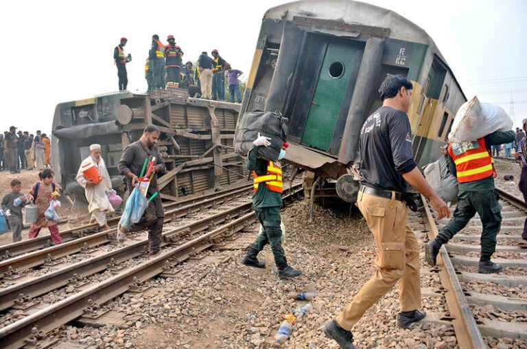 Rescue personnel and railway staff engaged in relief operations after 14 coaches of the Karachi–Peshawar-bound Rehman Baba Express derailed near Sher Shah Railway Station at least four passengers were killed and 49 injured in the incident.