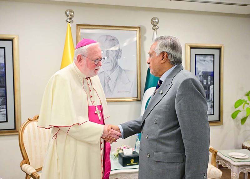 Deputy Prime Minister/Foreign Minister Senator Mohammad Ishaq Dar receiving H.E. Archbishop Paul Richard Gallagher, Secretary for Relations with States of the Holy See, at the Ministry of Foreign Affairs.