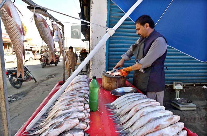 A fish vendor cleans fish for customers at his roadside shop, while freshly caught fish are displayed for sale.