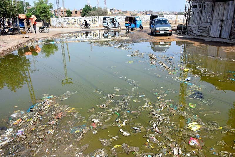 A view of sewage water accumulated on the road at Makrani Para, creating problems for motorists and pedestrians, needs the attention of the concerned authorities