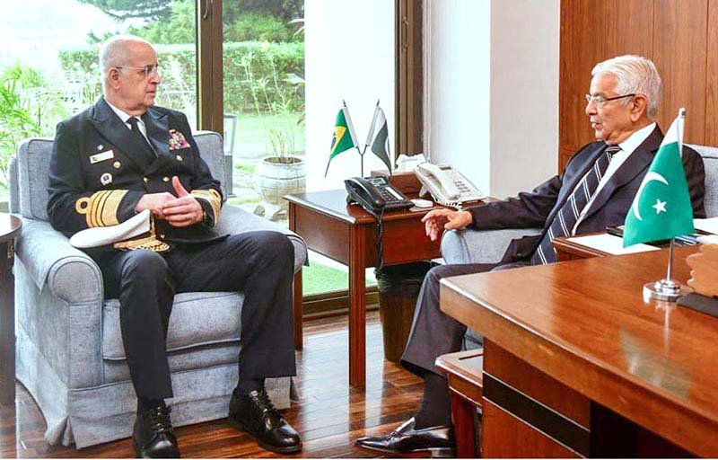 H.E. Admiral Renato Rodrigues De Aguiar Freire, Chief of the Joint Chiefs of Staff of the Armed Forces of Brazil called on Minister for Defence, Khawaja Muhammad Asif