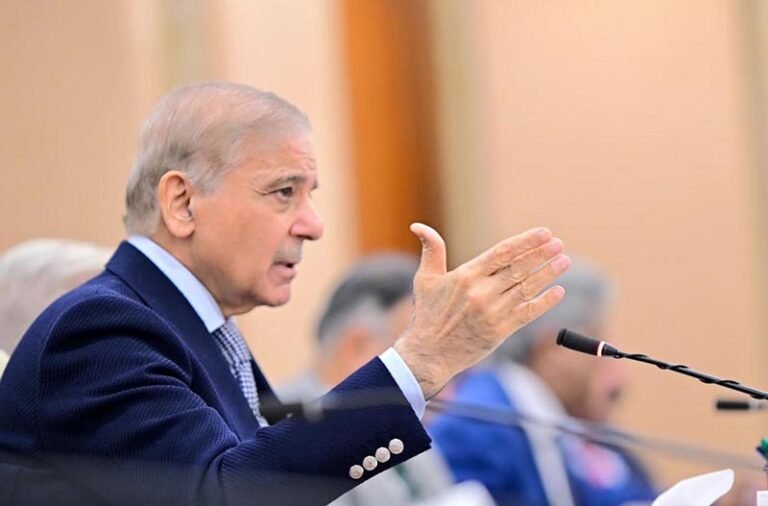 Prime Minister Muhammad Shehbaz Sharif addresses a meeting of PML(N)’s parliamentary party