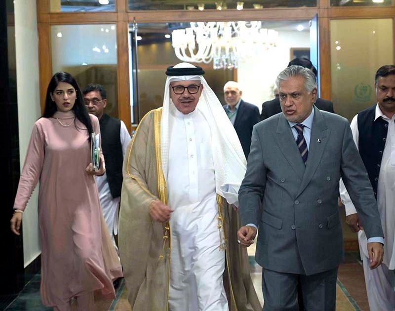 Deputy Prime Minister/Foreign Minister Senator Mohammad Ishaq Dar & Minister of Foreign Affairs of the Kingdom of Bahrain H. E. Dr. Abdullatif Bin Rashid Al-Zayani coming for signing MoU after 3rd Pakistan-Bahrain Bilateral Joint Ministerial Commission (JMC) meeting at the Ministry of Foreign Affairs.