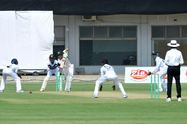 Players in action during second day of the three-day match between Pakistan U-17 and Sri Lanka U-17 at the Multan Cricket Stadium.