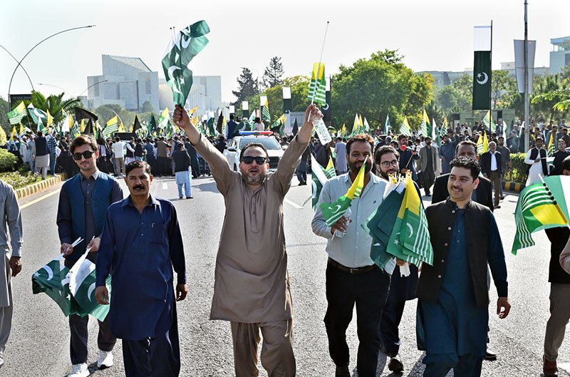 People from different walks of life participate in a rally on the occasion of Kashmir Black Day to express solidarity with the people of Indian Illegally Occupied Jammu and Kashmir from Radio Pakistan Chowk, Constitution Avenue, to D-Chowk.