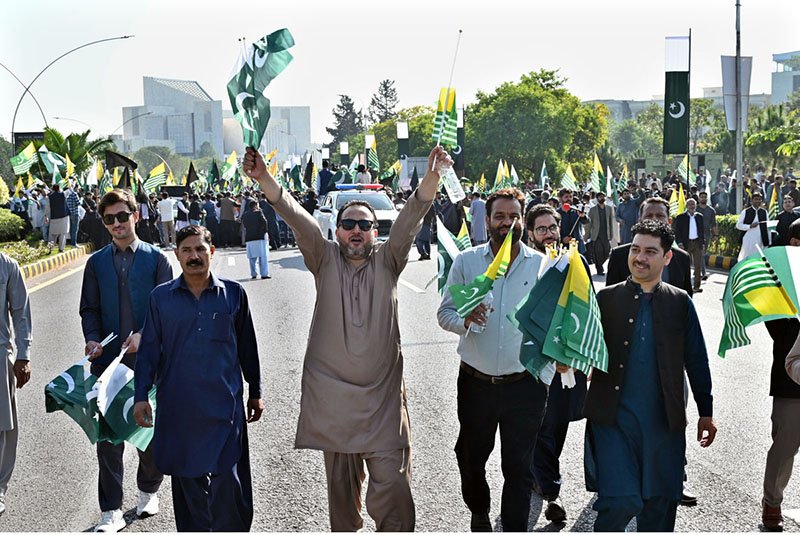 People from different walks of life participates a rally on the occasion of Kashmir Black Day to express solidarity with the people of Indian Illegally Occupied Jammu and Kashmir from Radio Pakistan Chowk, Constitution Avenue, to D-Chowk.