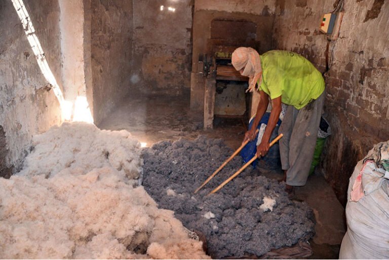 A labourer arranges cotton for making filling quilts ahead of the winter season at his workplace