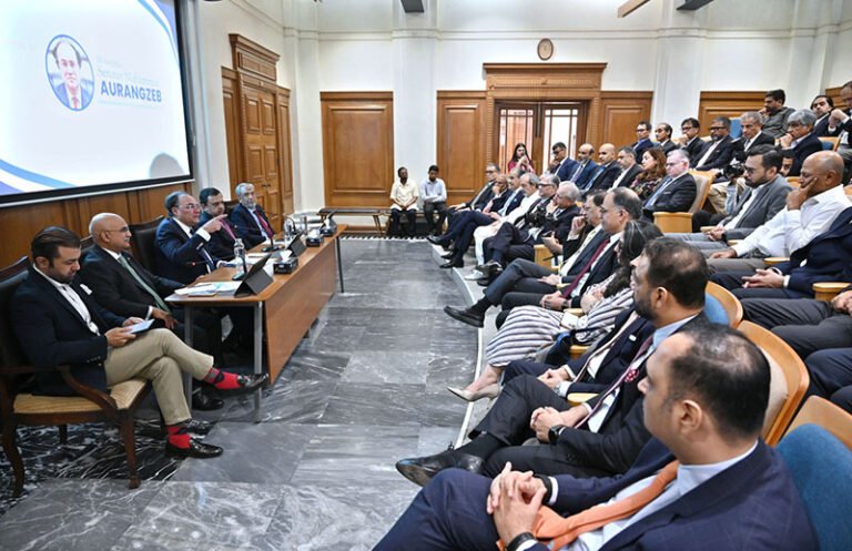 Federal Minister for Finance and Revenue Senator Muhammad Aurangzeb addresses a meeting at the Overseas Investors Chamber of Commerce and Industry (OICCI) office