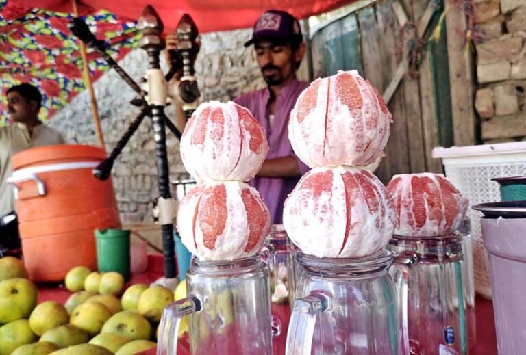 A vendor is busy preparing grapefruit juice for a customer at Railway Station Road