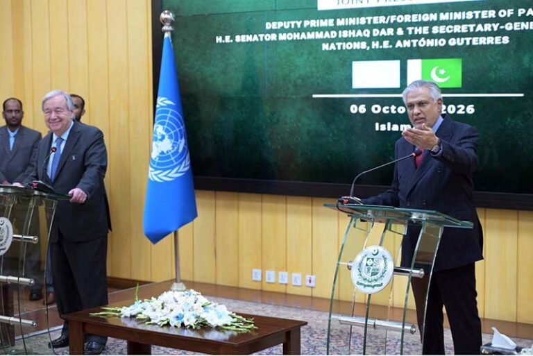 Deputy Prime Minister/Foreign Minister Senator Muhammad Ishaq Dar and UN Secretary-General António Guterres address a joint press talk at the Ministry of Foreign Affairs.