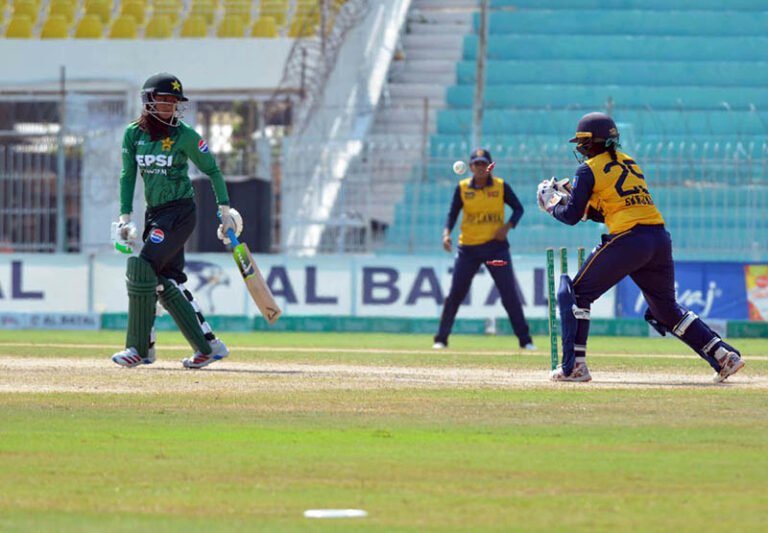 Players in action during the T20 tri-series match between Pakistan Under-19 Women and Sri Lanka Under-19 Women at Iqbal Stadium