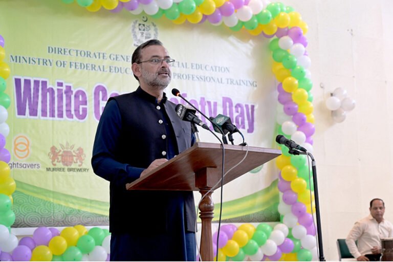 Additional Secretary at the Ministry of Federal Education and Professional Training (MoFEPT), Hassan Saqlain, addresses a ceremony marking White Cane Safety Day, organized by the Directorate General of Special Education at G-7/2.