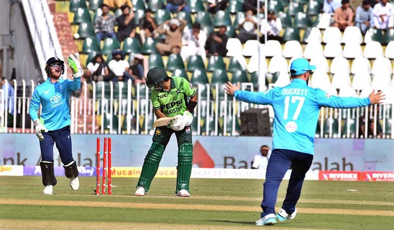 Pakistani batter Babar Azam is clean bowled by Will Jacks during the ODI Tri-Nation Series match between Pakistan and England at Rawalpindi Cricket Stadium