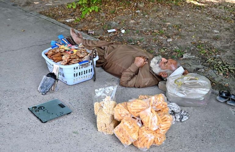 An elderly vendor taking a nap on the footpath in the shade of a tree in the Federal Capital