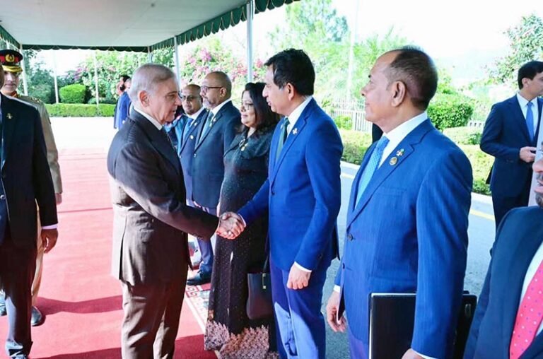 Prime Minister Muhammad Shehbaz Sharif shakes hands with members of the delegation led by the President of the Maldives H.E. Muhammad Muizzu at Prime Minister’s House