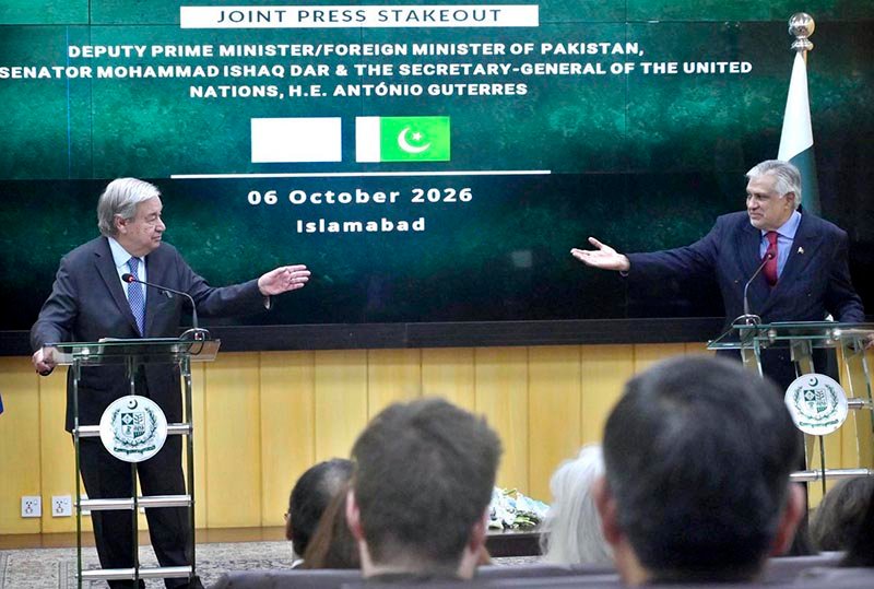 Deputy Prime Minister/Foreign Minister Senator Muhammad Ishaq Dar and UN Secretary-General António Guterres address a joint press talk at the Ministry of Foreign Affairs.