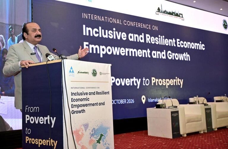Chairman of the Prime Minister’s Youth Programme (PMYP), Rana Mashhood Ahmad Khan, addresses the International Conference on “Inclusive and Resilient Economic Empowerment and Growth,” organized by the Pakistan Poverty Alleviation Fund (PPAF) at a local hotel.