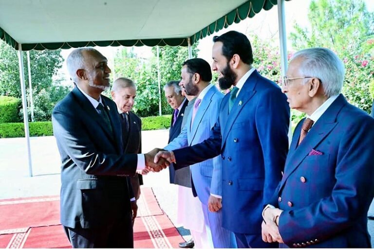 President of the Maldives H.E. Muhammad Muizzu shakes hands with federal ministers at Prime Minister’s House