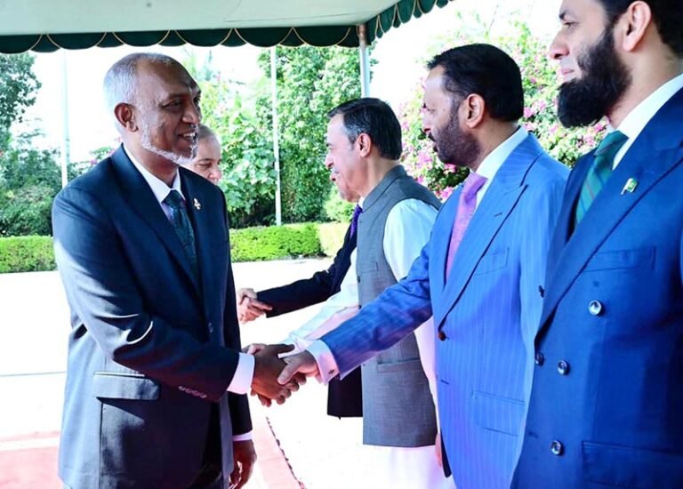 President of the Maldives H.E. Muhammad Muizzu shakes hands with federal ministers at Prime Minister’s House