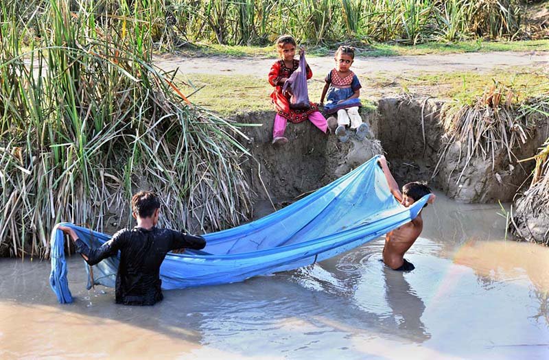 Children use a cloth sheet to catch fish in a small canal near Gul Muhammad Khoso village.