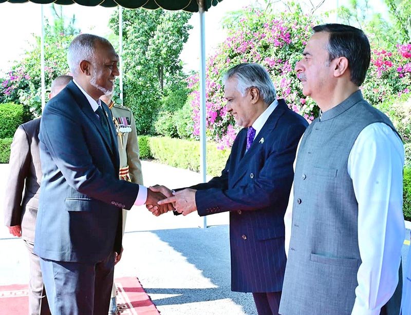 President of the Maldives H.E. Muhammad Muizzu shakes hands with federal ministers at Prime Minister's House