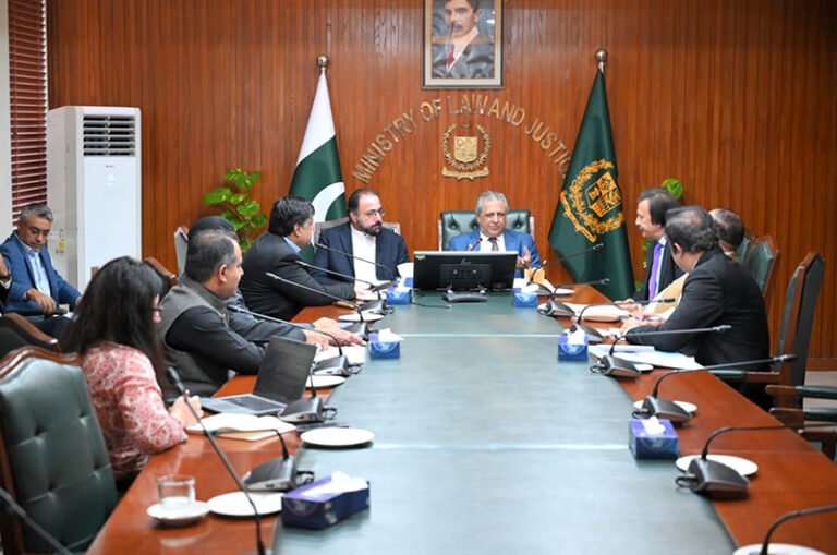 Federal Minister for Law & Justice Senator Azam Nazeer Tarar presides over a meeting of the Cabinet Committee on Pension Reforms for Uncovered Segments of the Labour Force, with Federal Minister Chaudhry Salik Hussain, Advisor to the Prime Minister Haroon Akhtar Khan and senior officials in attendance