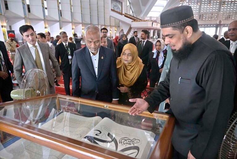 President of the Republic of Maldives Dr. Mohamed Muizzu and First Lady Madam Sajidha Mohamed being briefed during their visit the Faisal Mosque