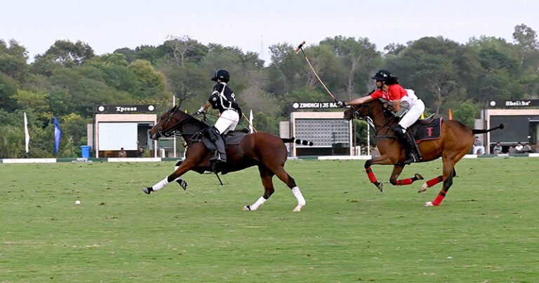 Players in action during the final match of the Serena Polo Cup 2026 between Team HN and Team ASEAN at the Islamabad Club Polo Ground