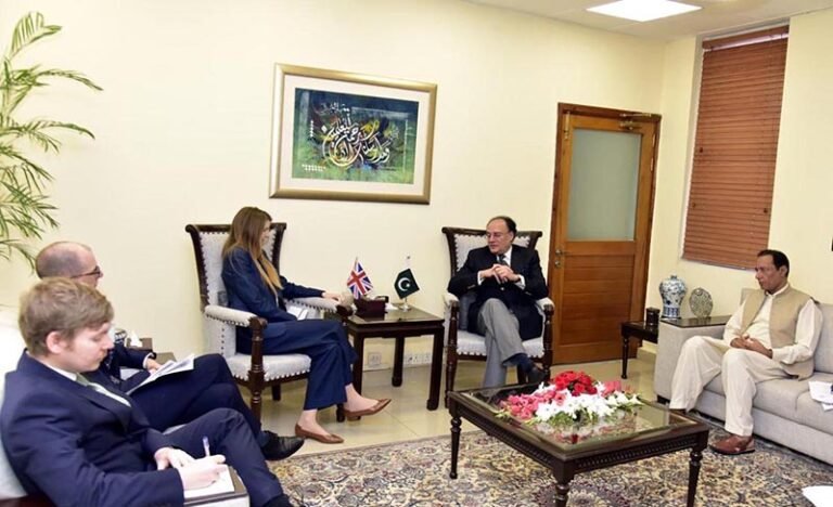 Federal Minister for Finance and Revenue, Senator Muhammad Aurangzeb, meeting with British High Commissioner to Pakistan, Jane Marriott, at the Finance Division to discuss economic reforms, trade, investment and Pakistan-UK