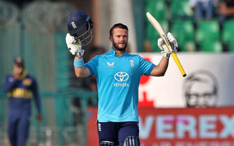 England’s Ben Duckett celebrates after scoring a century during the ODI tri-series cricket match against Sri Lanka at Gaddafi Stadium.