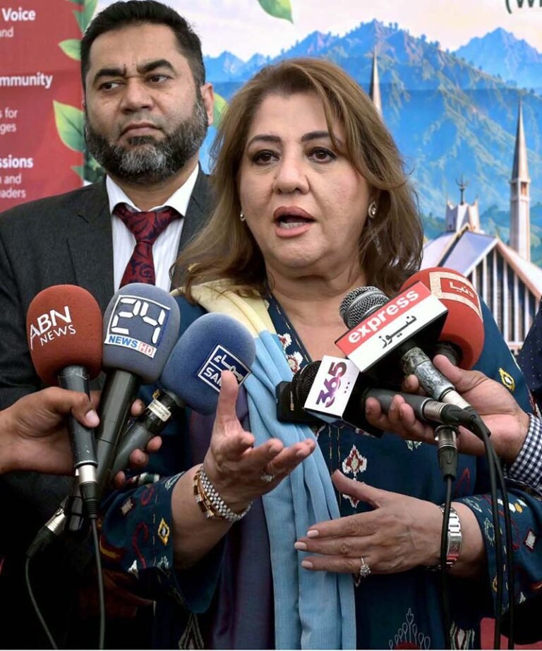 Chairperson PRCS Farzana Naek talking to media persons during an event “Community Voice to COP31 from Negotiations to Implementation” organized by Pakistan Red Crescent Society