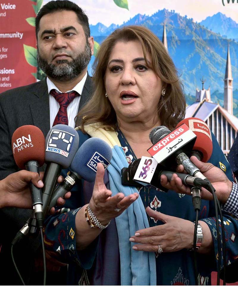 Chairperson PRCS Farzana Naek talking to media persons during an event “Community Voice to COP31 from Negotiations to Implementation” organized by Pakistan Red Crescent Society