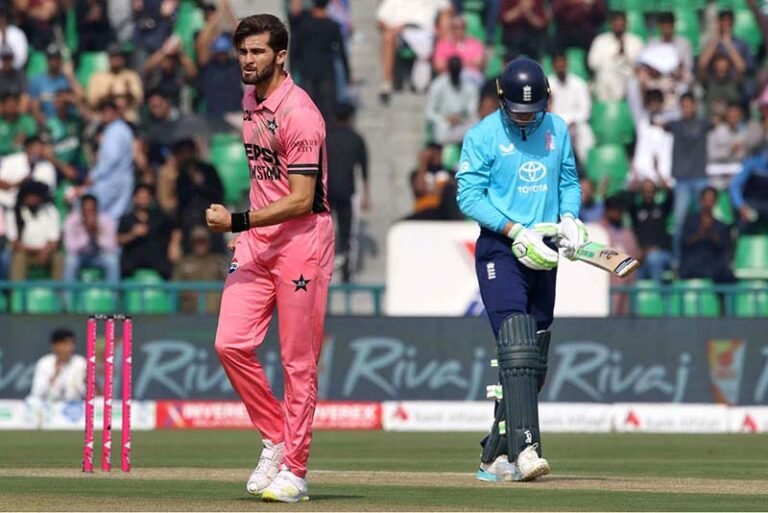 Pakistani bowler Shaheen Shah Afridi celebrated after taking wicket of England batsman (Tom Banton catch by Arafat Minhas) during the one-day international (ODI) Tri-Series cricket match between England and Pakistan at the Gaddafi Cricket Stadium