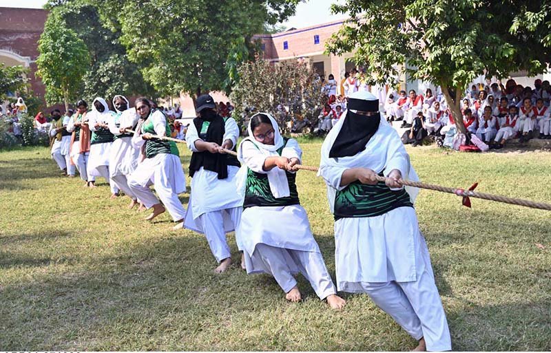 Participants exert their full strength during a tug-of-war contest held at the Government Women Graduate College,Farooq Colony, under the auspices of the Higher Education Department.