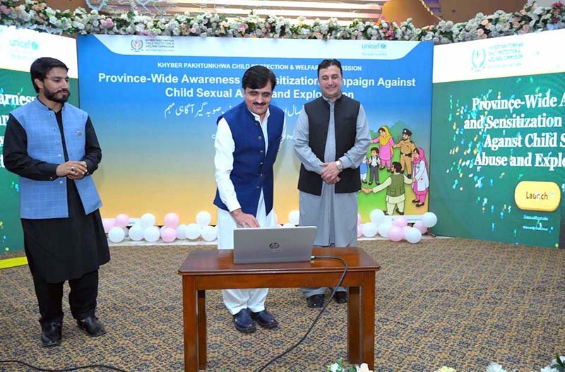 Secretary Social Welfare Sharif Hussain and Chief Child Commission Ijaz Muhammad Khan launch a province-wide awareness campaign against child sexual abuse and exploitation organized by KPCPWC, UNICEF and BlueVeins here at Area Study Centre University of Peshawar.