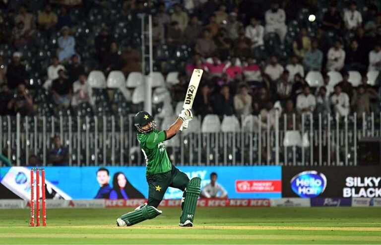 Pakistan’s batter Sahibzada Farhan plays a shot during the 2nd T20 cricket match between Pakistan and Sri Lanka at Rawalpindi Cricket Stadium