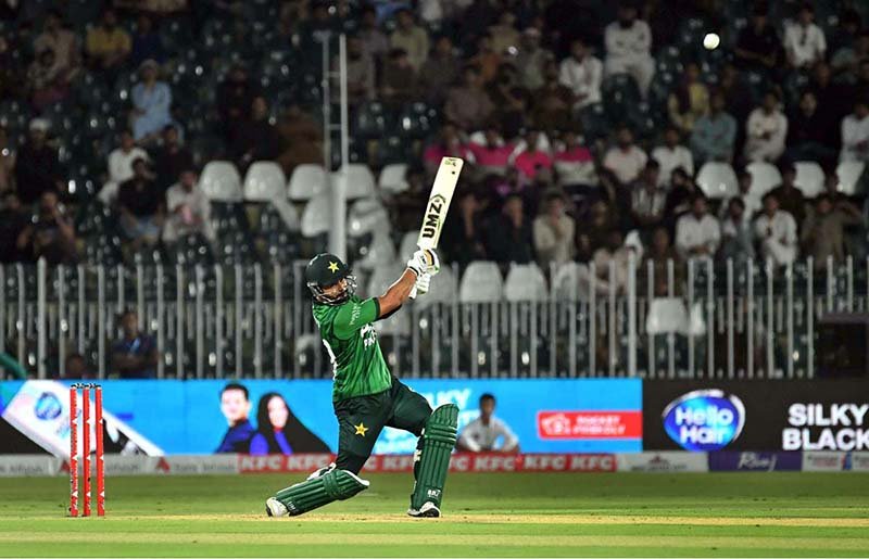 Pakistan’s batter Sahibzada Farhan plays a shot during the 2nd T20 cricket match between Pakistan and Sri Lanka at Rawalpindi Cricket Stadium