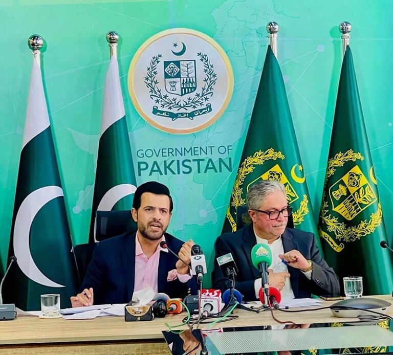 Parliamentary Secretary for Information & Broadcasting, Barrister Danyal Chaudhry addressing a press conference alongside Prime Minister’s Coordinator Ikhtiar Wali Khan.