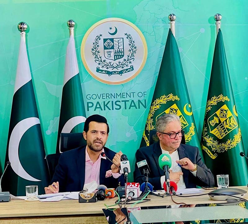 Parliamentary Secretary for Information & Broadcasting, Barrister Danyal Chaudhry addressing a press conference alongside Prime Minister’s Coordinator Ikhtiar Wali Khan.