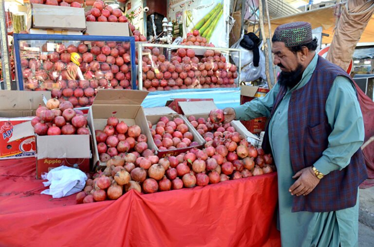 A vendor decorates pomegranates to attract customers at Meezan Chowk