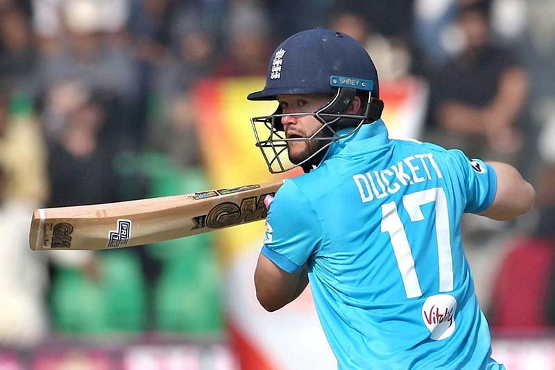 England batsman Ben Duckett plays a shot during the One-Day International (ODI) Tri-Series cricket match between England and Pakistan at the Gaddafi Cricket Stadium