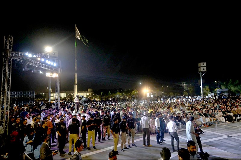 A large crowd attends the unveiling of 'Yadgar-e-Fatah', marking Pakistan's victory in Marka-e-Haq. The evening ceremony in the federal capital included a musical programme and a projection mapping show, co-organized by the Ministry of Information and Broadcasting and the Capital Development Authority