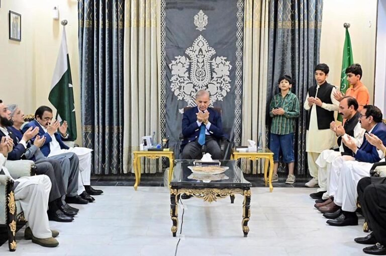Prime Minister Muhammad Shehbaz Sharif visits the residence of late MPA Chaudhry Muhammad Hanif to offer condolences over the demise of Chaudhry Muhammad Hanif, in Chichawatni.