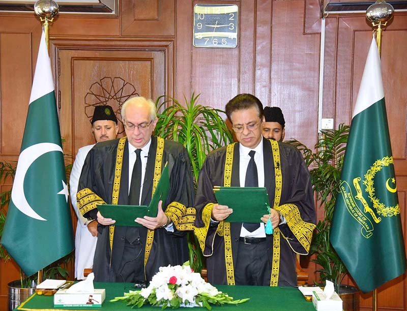 Justice Munib Akhtar, the Senior Puisne Judge of the Supreme Court of Pakistan, taking oath as Acting Chief Justice, Supreme Court of Pakistan at Supreme Court of Pakistan.