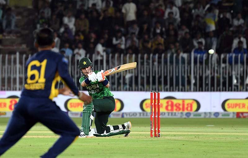 Pakistan’s batter Maaz Sadaqat plays a shot during the 2nd T20 cricket match between Pakistan and Sri Lanka at Rawalpindi Cricket Stadium