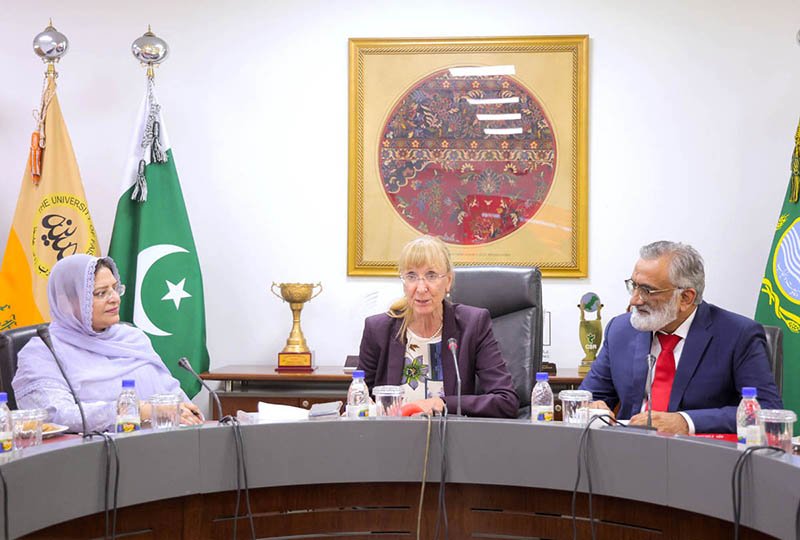 German Ambassador to Pakistan Ina Lepel is addressing a meeting with faculty members during visit The University of Faisalabad