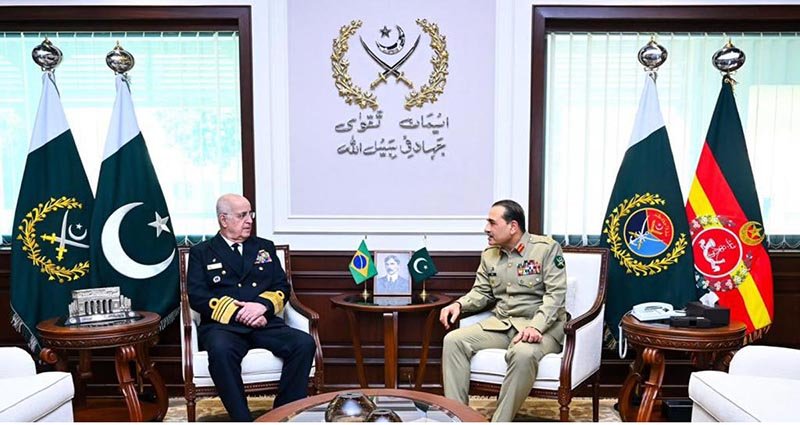 A high-level delegation from the Federative Republic of Brazil, led by Admiral Renato Rodrigues De Aguiar Freire, Chief of the Joint Chiefs of Staff of the Armed Forces of Brazil, called on Field Marshal Syed Asim Munir, NI (M), HJ, Chief of Army Staff & Chief of Defence Forces (COAS & CDF), at General Headquarters (GHQ)