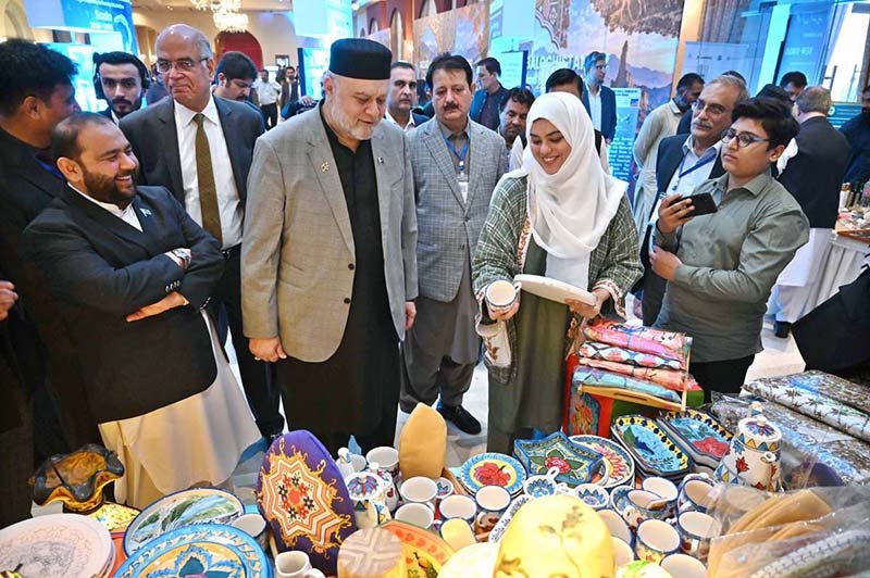 Federal Minister for Poverty Alleviation and Social Safety, Syed Imran Ahmed Shah and Federal Minister for National Heritage & Culture, Aurangzeb Khan Khichi visiting stalls during International Conference on "Inclusive and Resilient Economic Empowerment and Growth" organized by Pakistan Poverty Alleviation Fund (PPAF) at local hotel