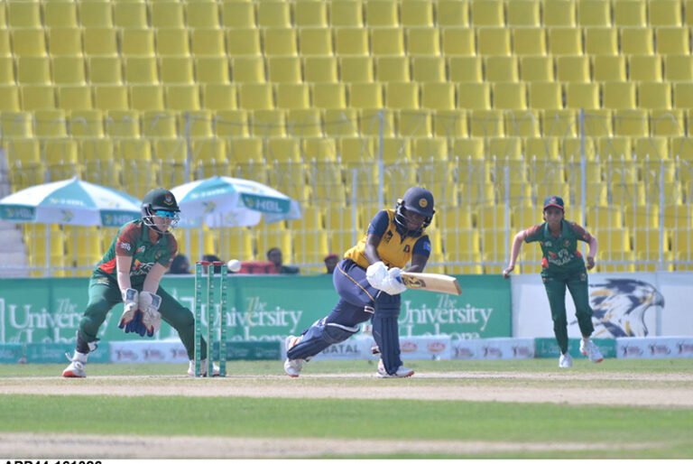 Players in action during the T20 tri-series final between Bangladesh Under-19 Women and Sri Lanka Under-19 Women at Iqbal Stadium.