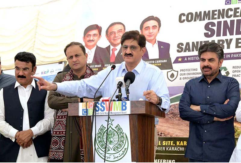 Sindh Chief Minister Syed Murad Ali Shah speaks to the media after inaugurating the first phase of the sanitary engineered landfill project at Jam Chakro, highlighting the provincial government's efforts to modernise Karachi's waste management system and promote environmentally sustainable waste disposal